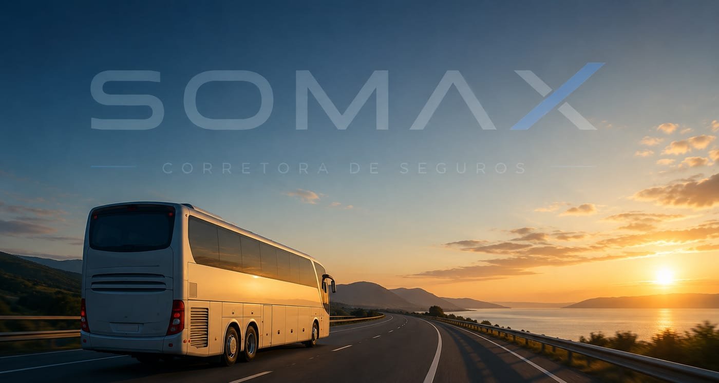 Ônibus de viagem numa rodovia à beira-mar ao pôr do sol, com a marca SOMAX Corretora de Seguros